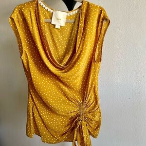 Anthropologie Mustard Polka Dot Drape Neck Blouse